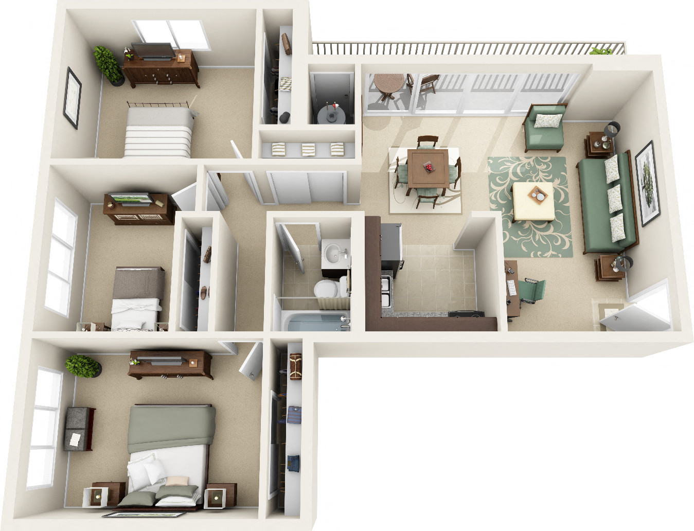 Floor plan for 3 beds, 1 bath, 960 sqft